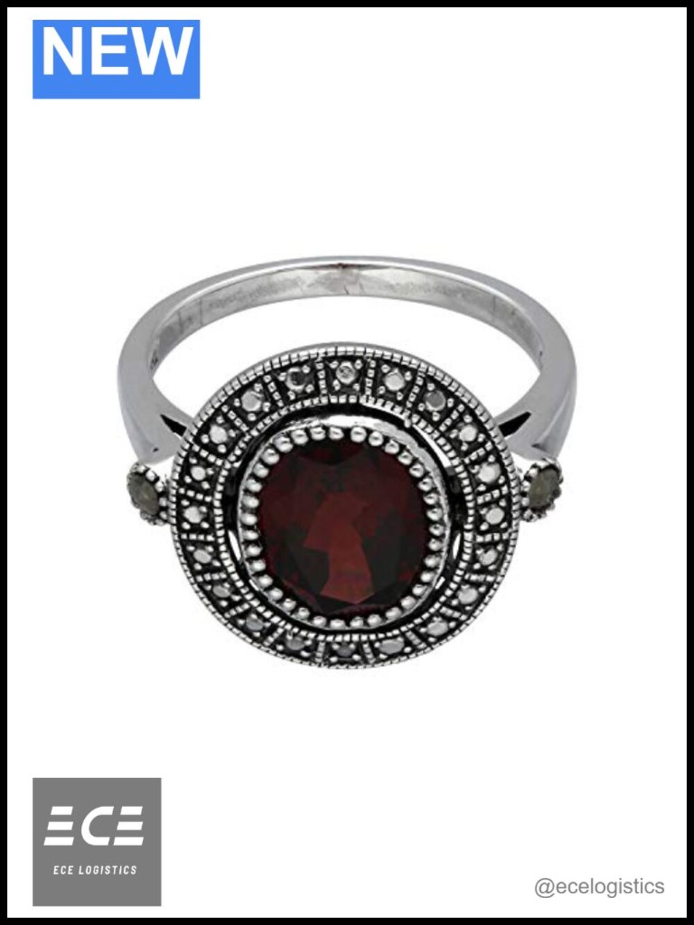 Sterling Silver Garnet Marcasite Antique Cluster Ring